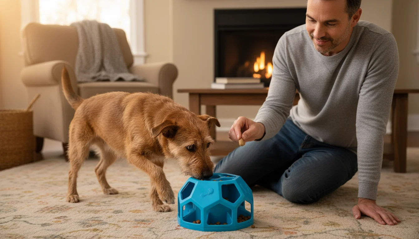 A brown terrier-mix dog actively uses its nose and paw on a blue puzzle toy. An adult owner kneels nearby, holding a treat.