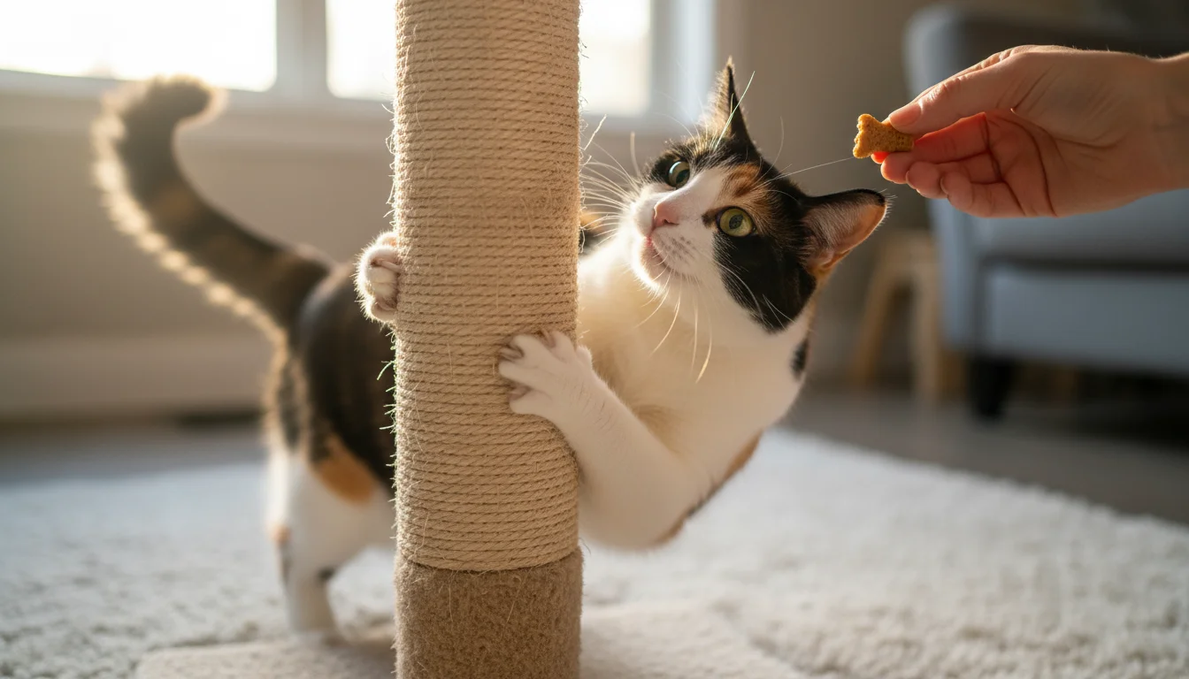 A calico cat actively scratches a sisal post while a human hand offers a small treat, demonstrating instant reward.