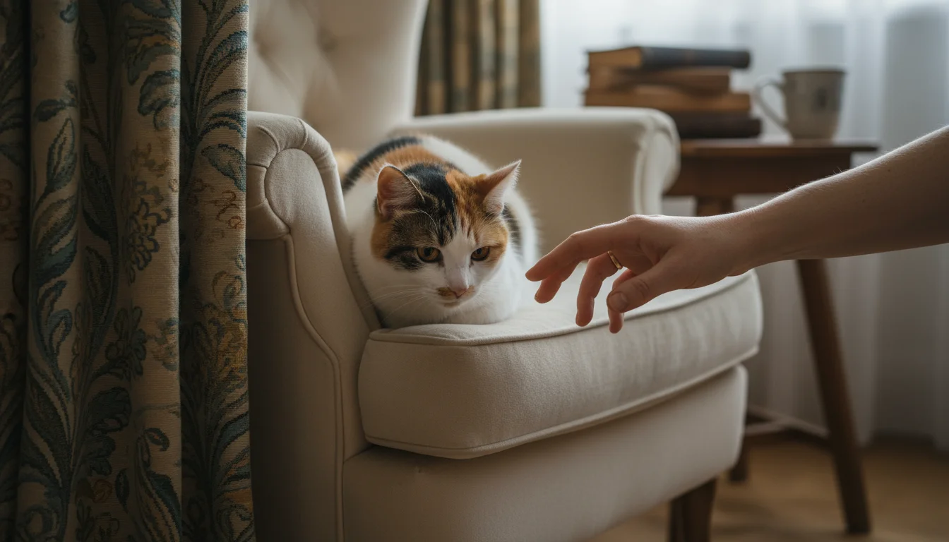 A calico cat is curled up, partially hidden behind a worn armchair, as a human hand gently approaches, observing its withdrawn state.