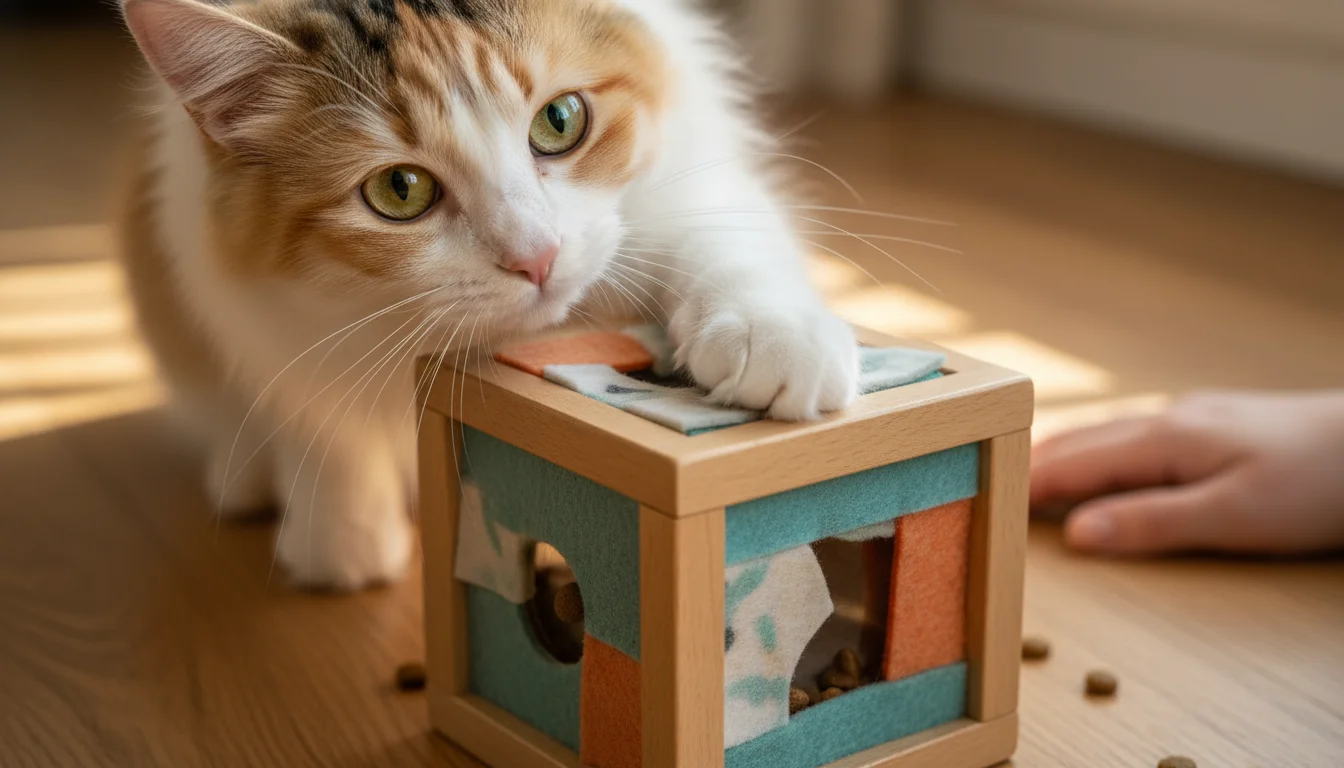 Close-up of a calico cat's paw with pink toe beans batting a wooden and felt puzzle feeder toy on a warm wooden floor, with a human hand nearby.