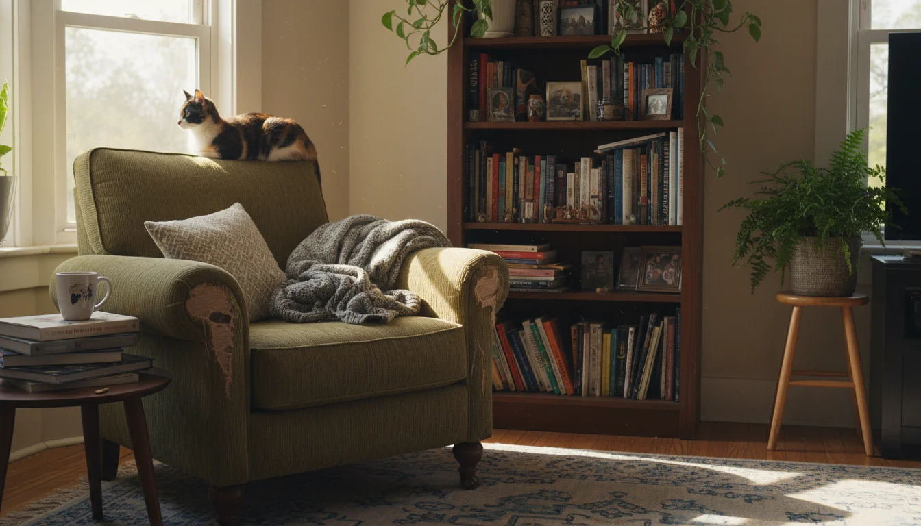 Calico cat perched on a bookcase, gazing out a window, with clear claw marks visible on a nearby fabric armchair.