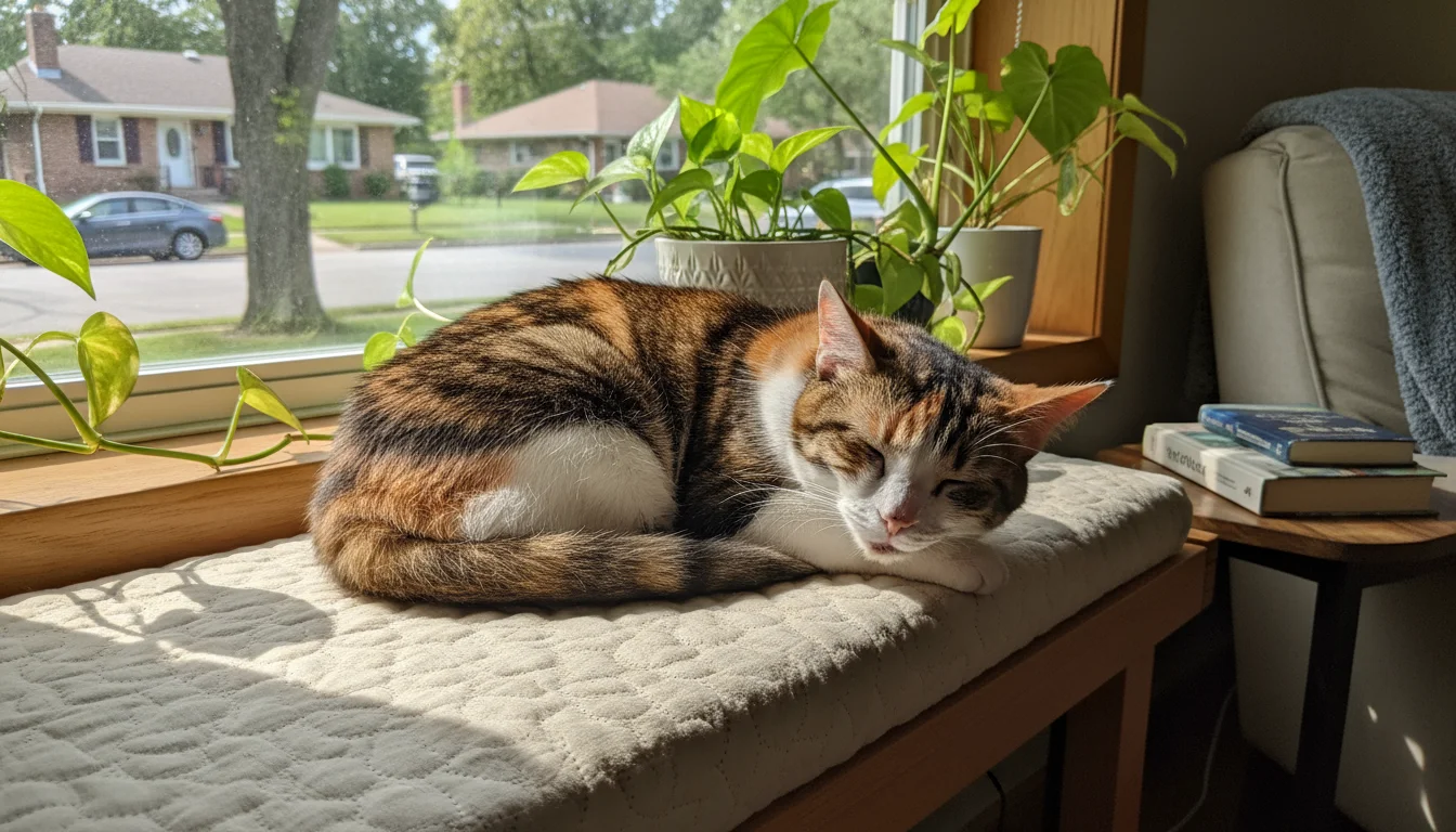 A calico cat sleeps soundly, curled up on a sunlit window seat cushion with houseplants nearby.