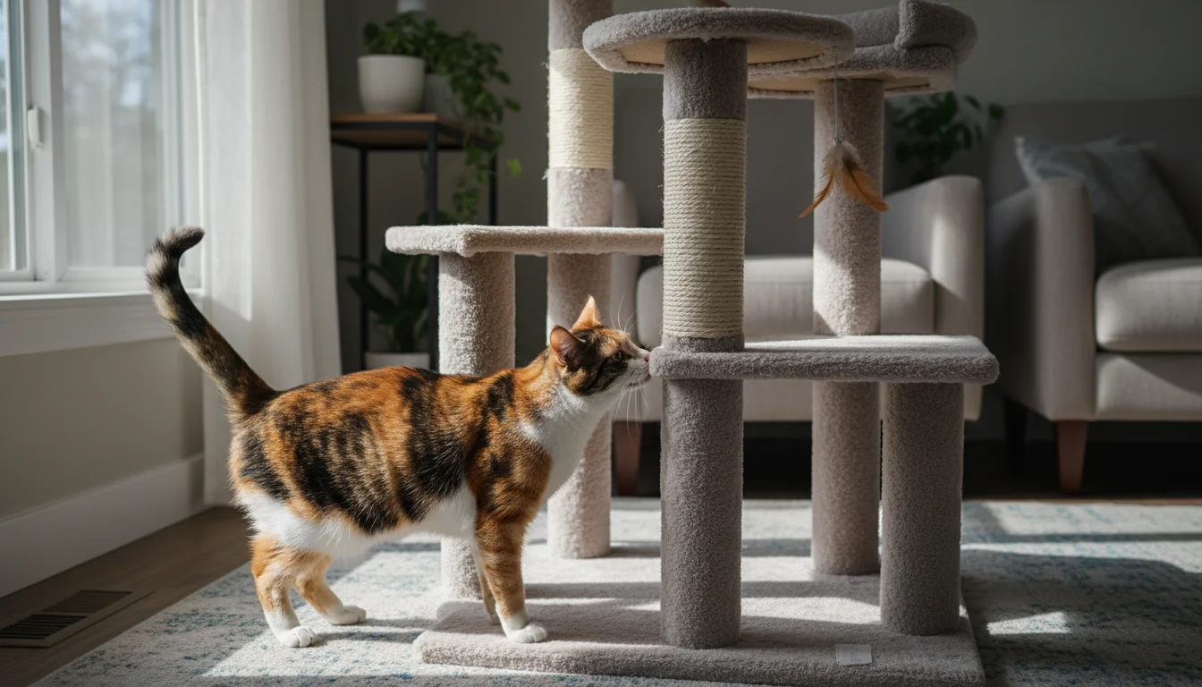 A calico cat sniffs a new multi-tiered cat tree with sisal rope and platforms in a sunlit living room, exploring the new enrichment.