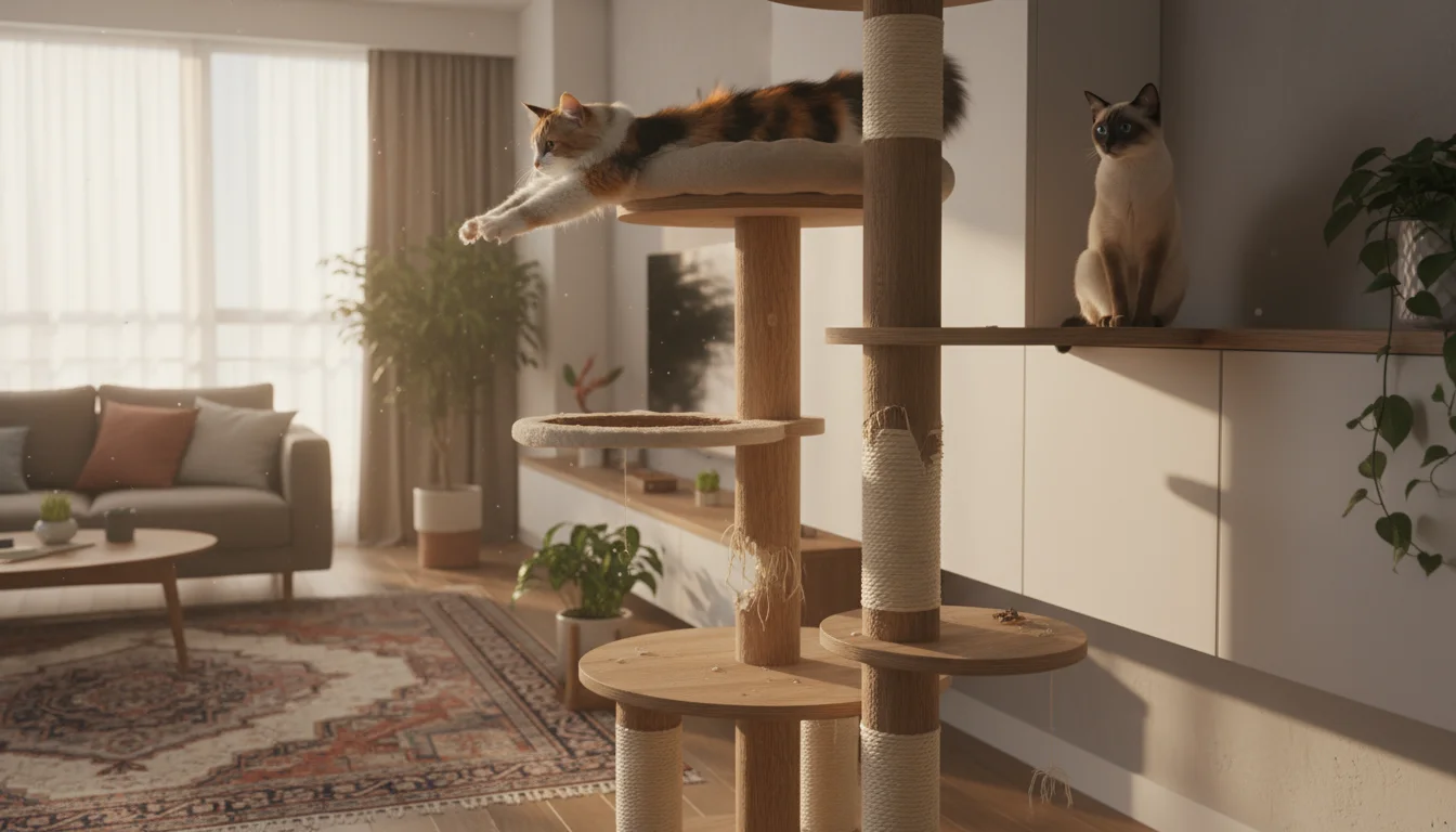 Calico cat stretching on a tall cat tree's top perch while a Siamese cat sits on a wall shelf in a sunny living room.