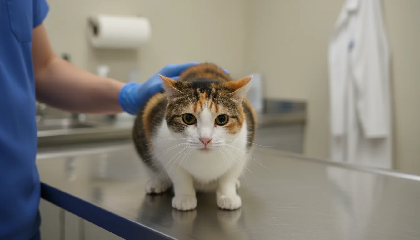Calico cat on a vet's examination table, purring, but with wide, apprehensive eyes and slightly flattened ears, being gently petted.