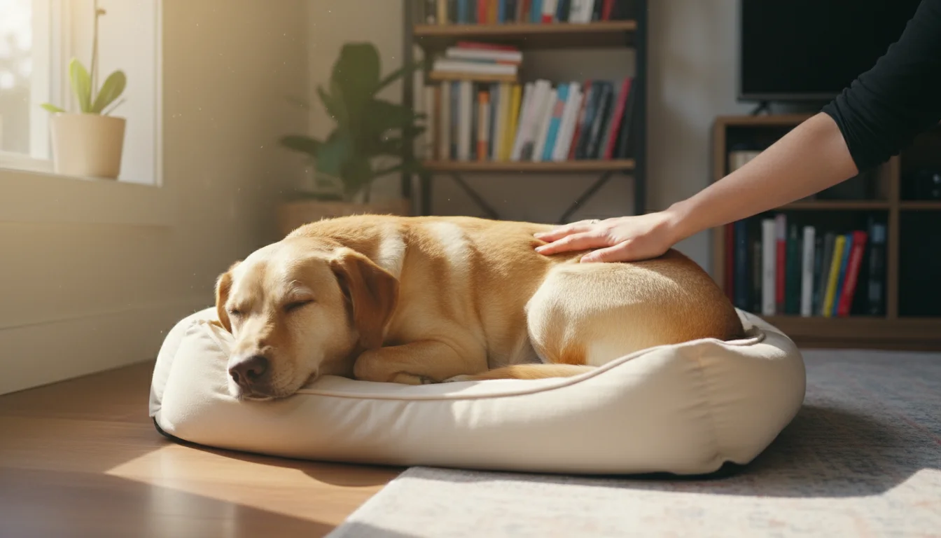 A calm adult dog napping on a soft bed in a sunny living room, with a human hand gently resting on its back.