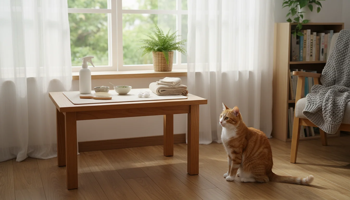 A calm ginger cat observes a well-lit grooming table by a bright window, set up with a soft mat.
