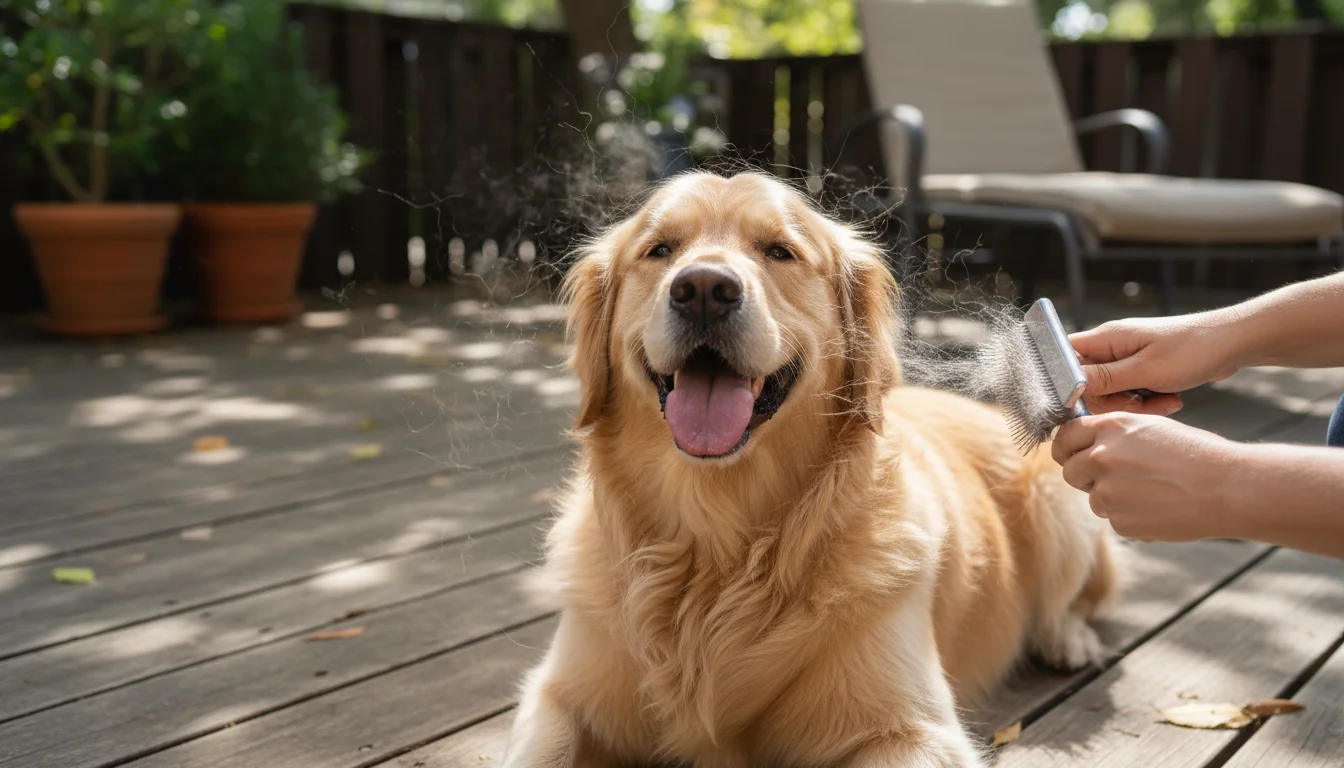 A calm Golden Retriever sits on a shaded patio while an owner brushes loose undercoat from its back, fine fur floating.