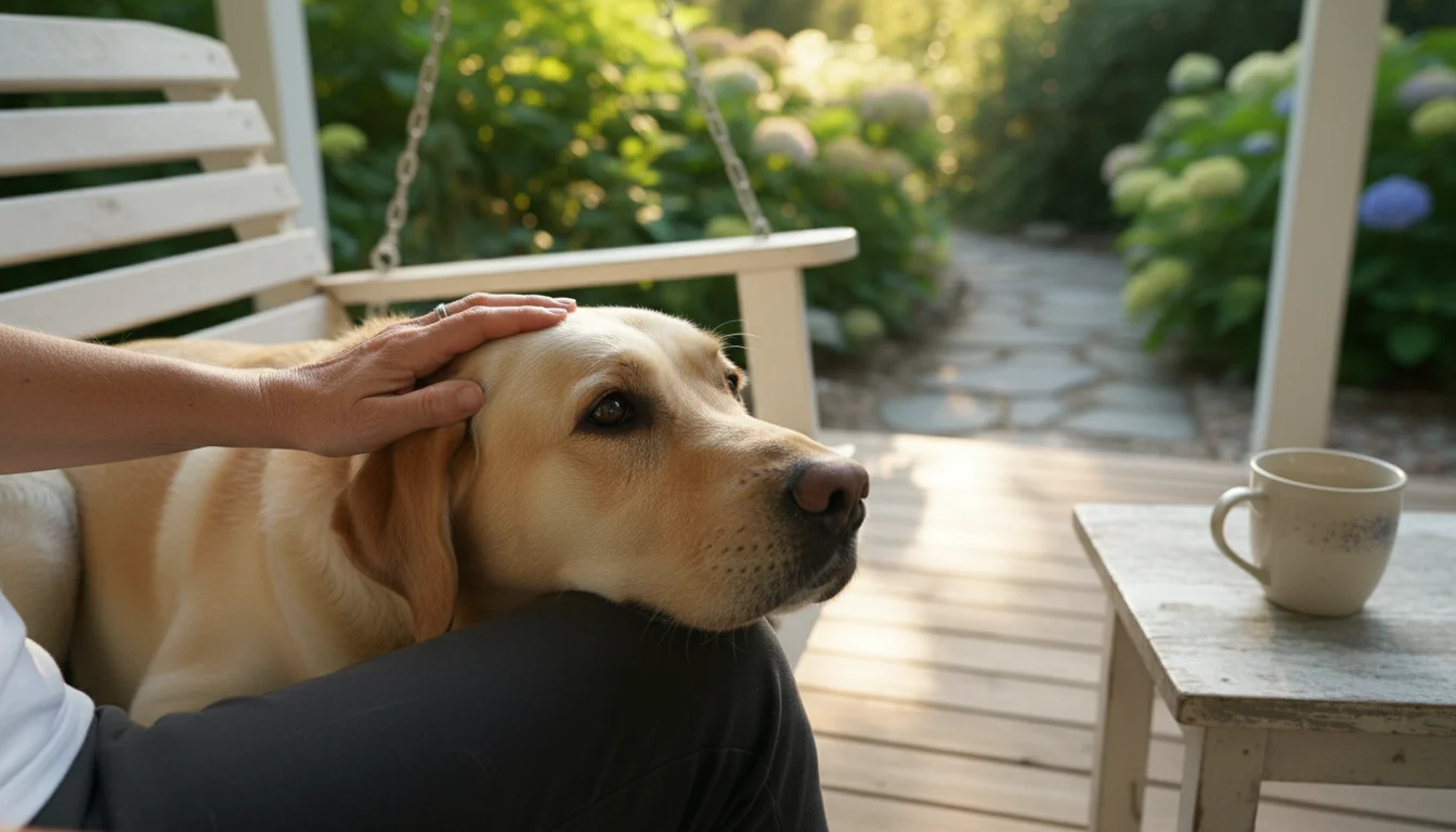 A calm Labrador Retriever rests its head on an owner's lap, who gently strokes its fur, bathed in warm morning light.
