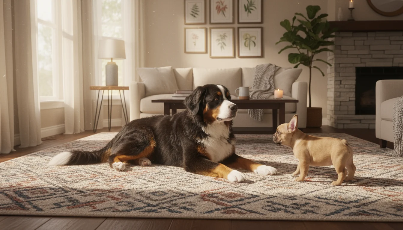 A calm, mature Bernese Mountain Dog lies on a rug, observing a small French Bulldog puppy in a playful low-bow posture.