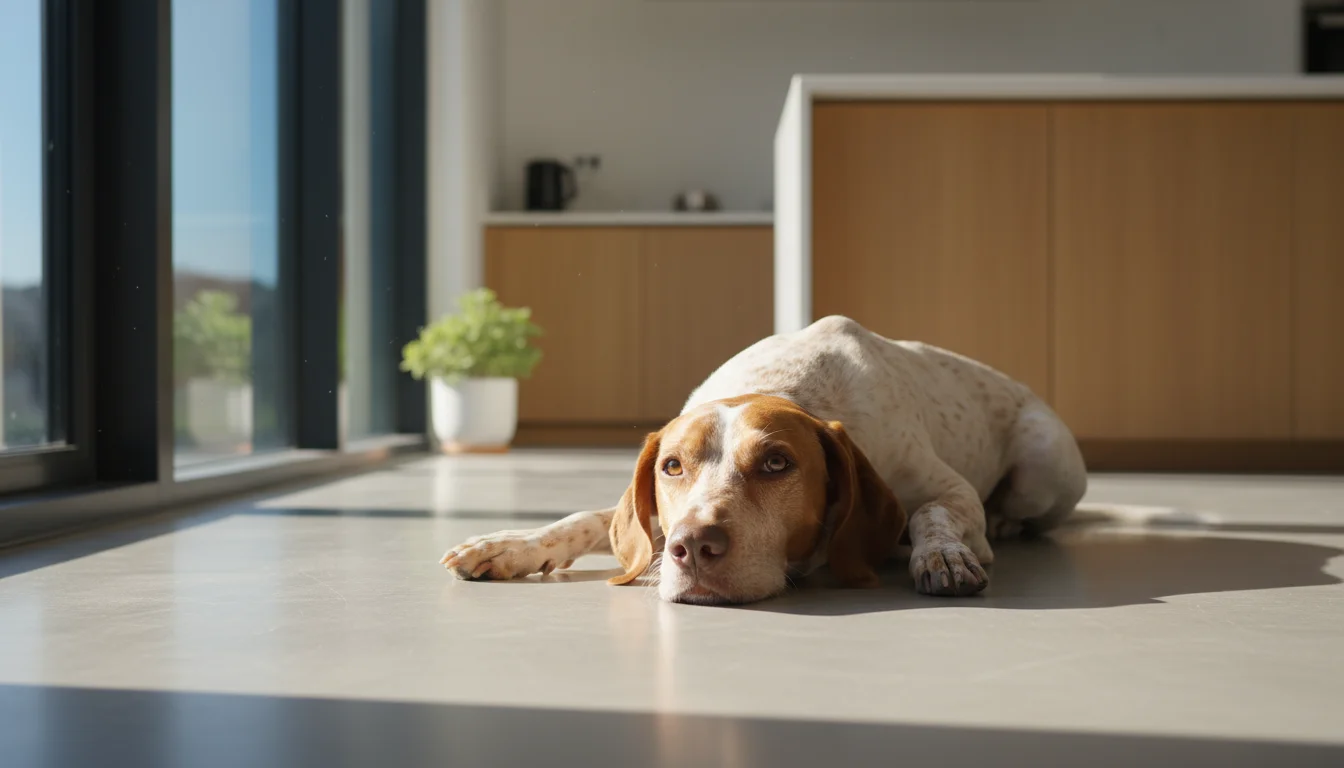 A calm Pointer mix dog lies relaxed on a kitchen floor, while a woman sitting nearby subtly observes its breathing.