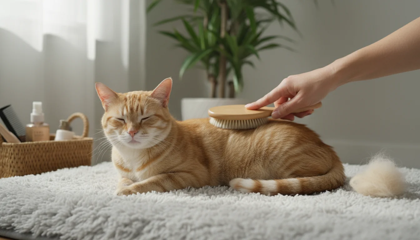A calm tabby cat enjoys being gently brushed by a human hand on a soft mat, with a small pile of loose fur nearby.