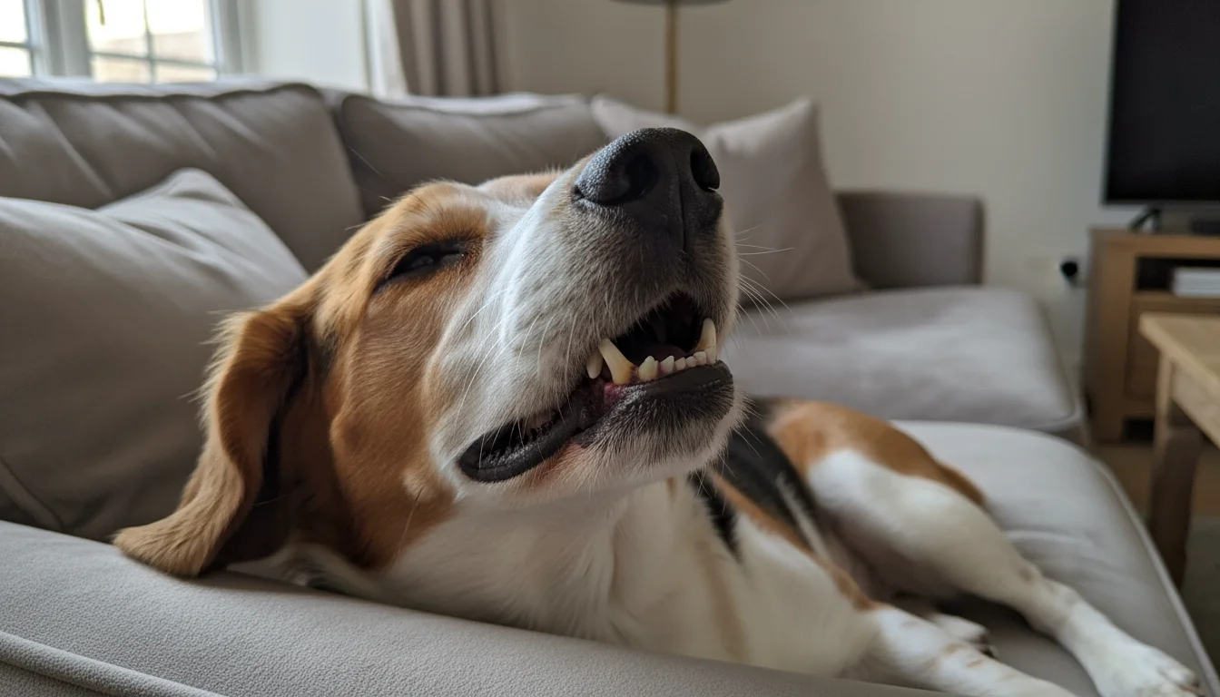Candid eye-level close-up of a relaxed dog's upper teeth, showing subtle yellowish-brown tartar along the gumline.