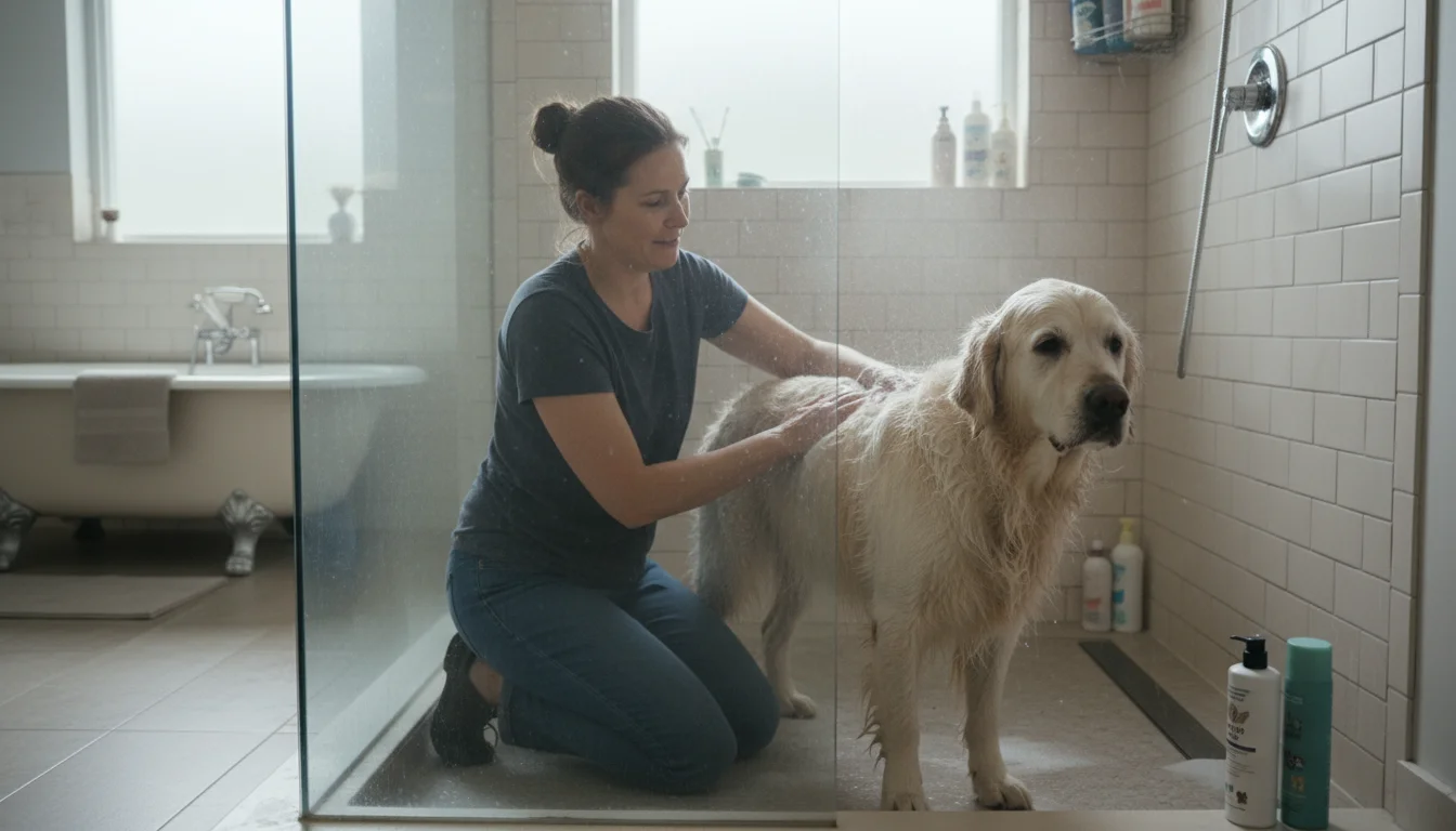 A caring owner gently bathes a senior golden retriever in a home shower. The dog is calm, wet fur lathered. The owner kneels, tenderly massaging.