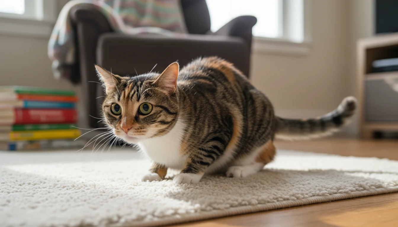 A cat crouching low on a rug, tense body, flattened ears, dilated pupils, and twitching tail, showing signs of play aggression.