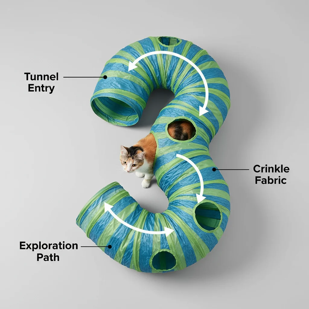 Diagram of a cat exploring a crinkle tunnel toy, highlighting entry points and crinkly fabric.