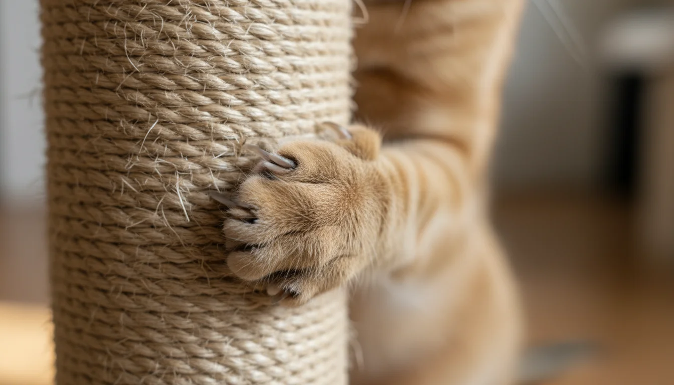 A close-up view of a cat's healthy front paw, showing its intact claws gripping a sisal scratching post.