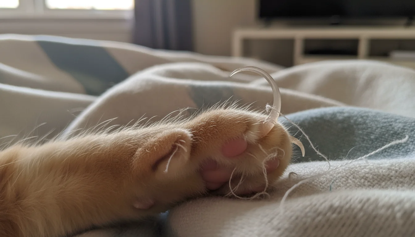 A cat's paw resting on a soft blanket, showing an overgrown claw subtly pressing into its paw pad.