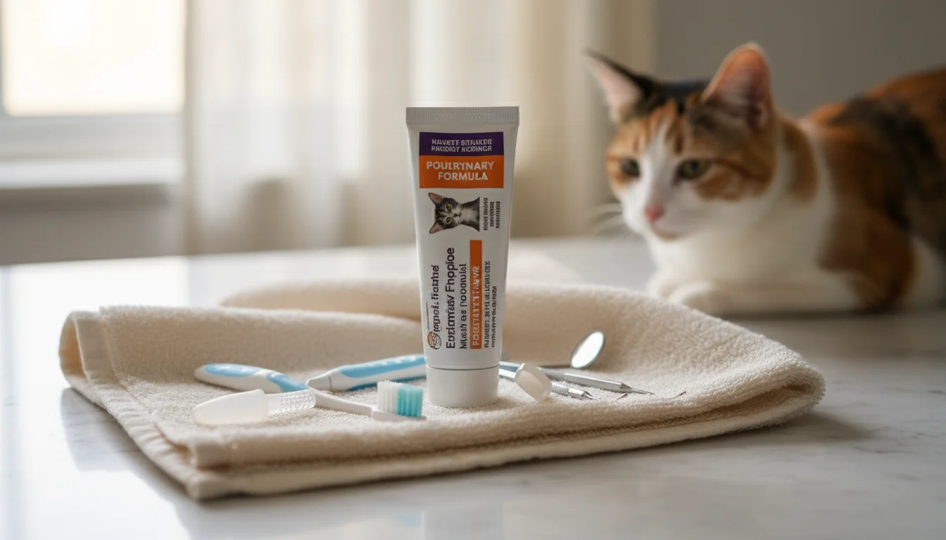 Cat-specific toothpaste, a small toothbrush, and a finger toothbrush neatly arranged on a towel, with a curious calico cat peeking in the background.