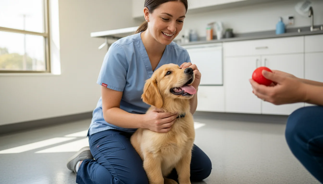 A cheerful Golden Retriever puppy looking up trustingly at a kneeling female veterinarian in a light blue scrub top, with an owner's hand petting the