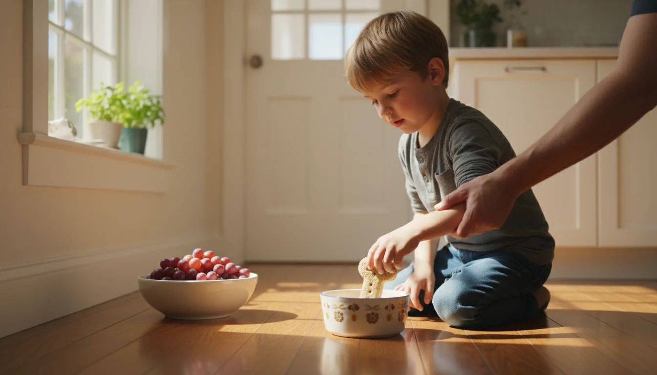 A child places a dog biscuit into a bowl, guided by an adult's hand, with a bowl of grapes visible on a high counter in the background.
