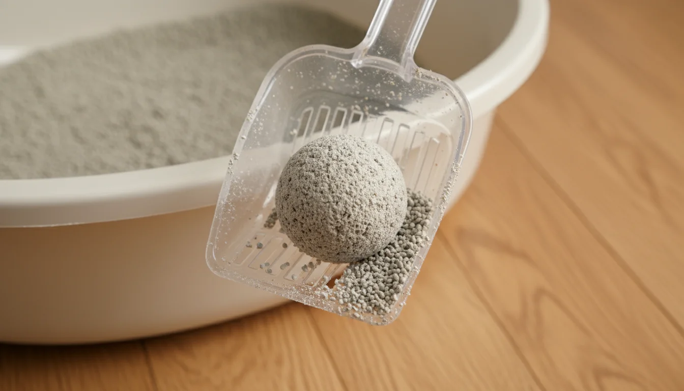 A clean transparent litter scoop holds a perfectly formed, tight clump of light grey cat litter against a blurred background of a tidy litter box area
