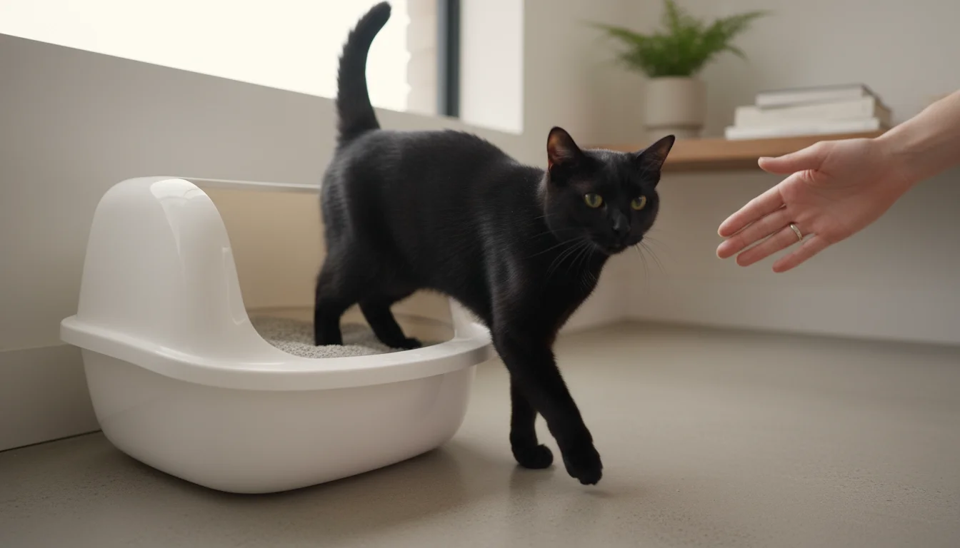 A content black cat steps from a spotless litter box. A human hand is visible nearby, next to litter scooping tools.