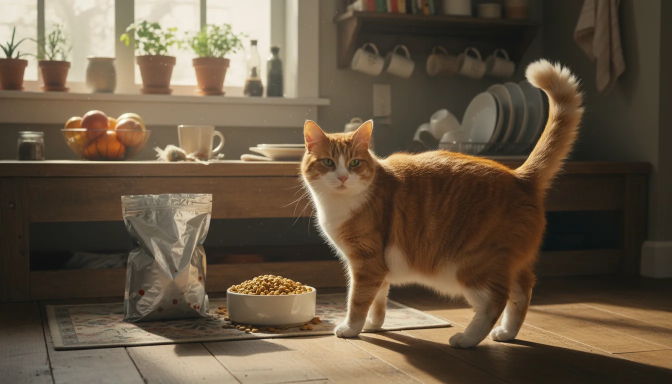 A content domestic shorthair cat walks past a full bowl of dry food on the kitchen floor, with an open treat bag visible nearby on a counter.