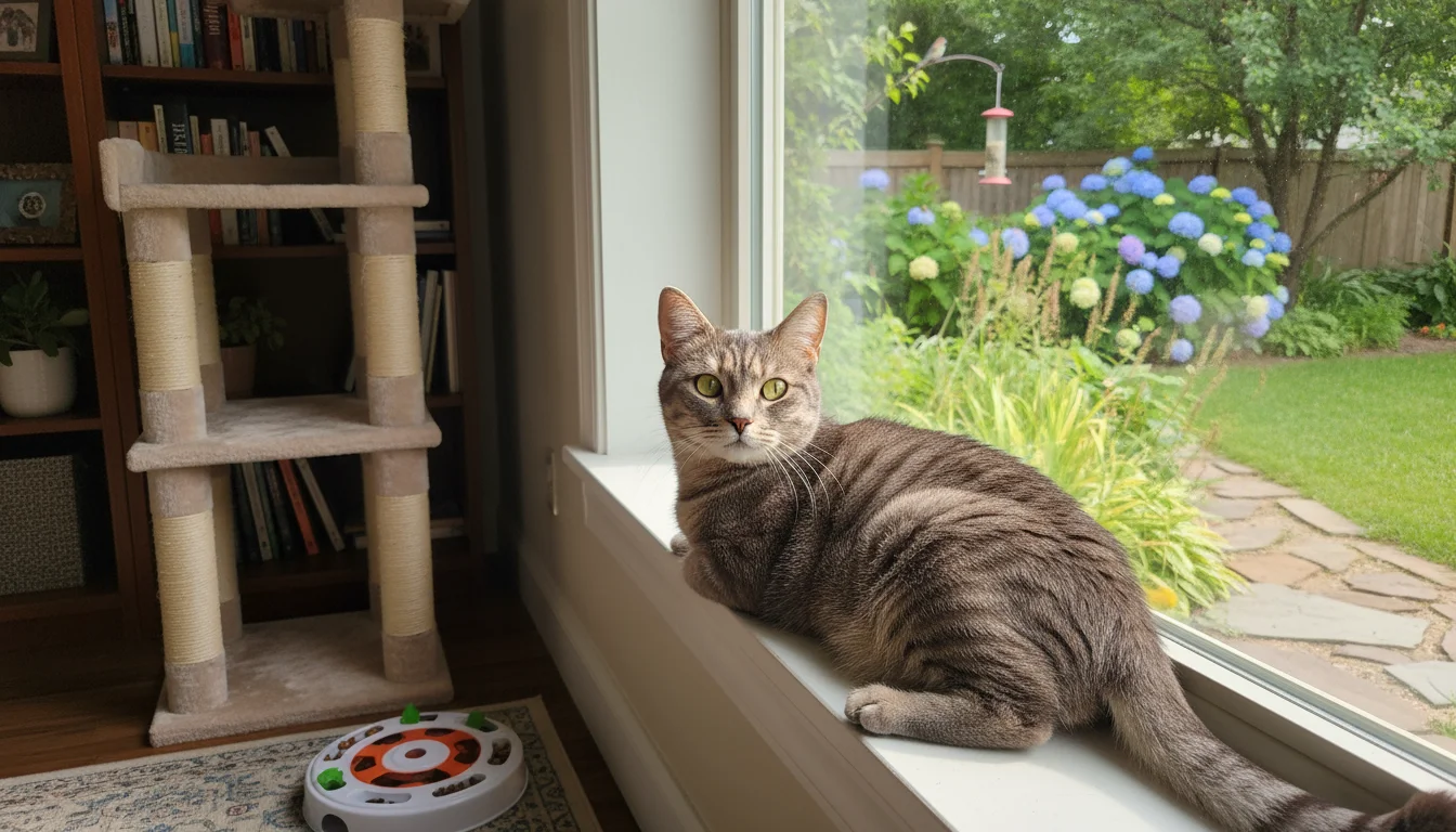 A content grey tabby cat sits on a sunny window perch, looking keenly at a lush green backyard. An enriching indoor environment, with a cat tree and t