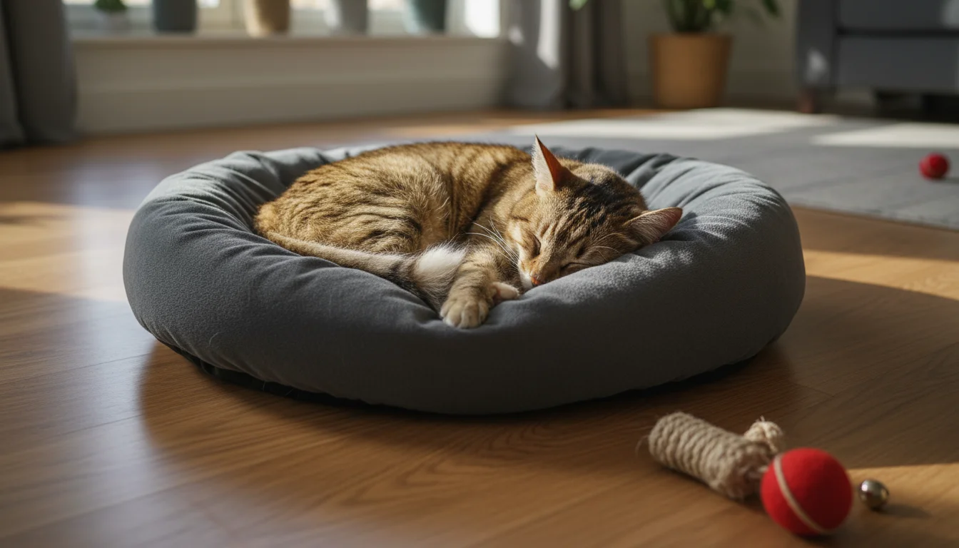 A content tabby cat is peacefully napping in a simple, grey pet bed on a wooden floor, bathed in soft daylight.