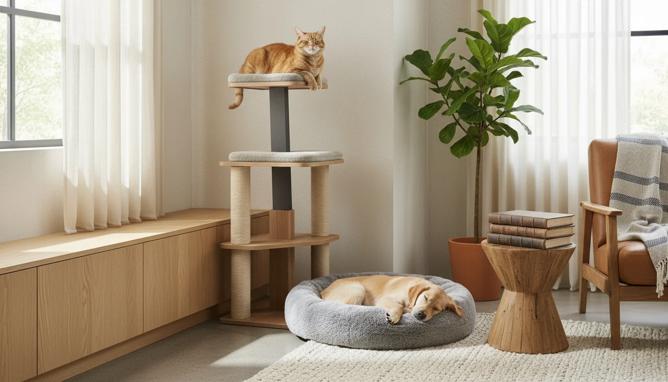 A contented ginger cat on a modern cat tree shelf and a calm golden retriever in a built-in dog bed in a sunlit living room.