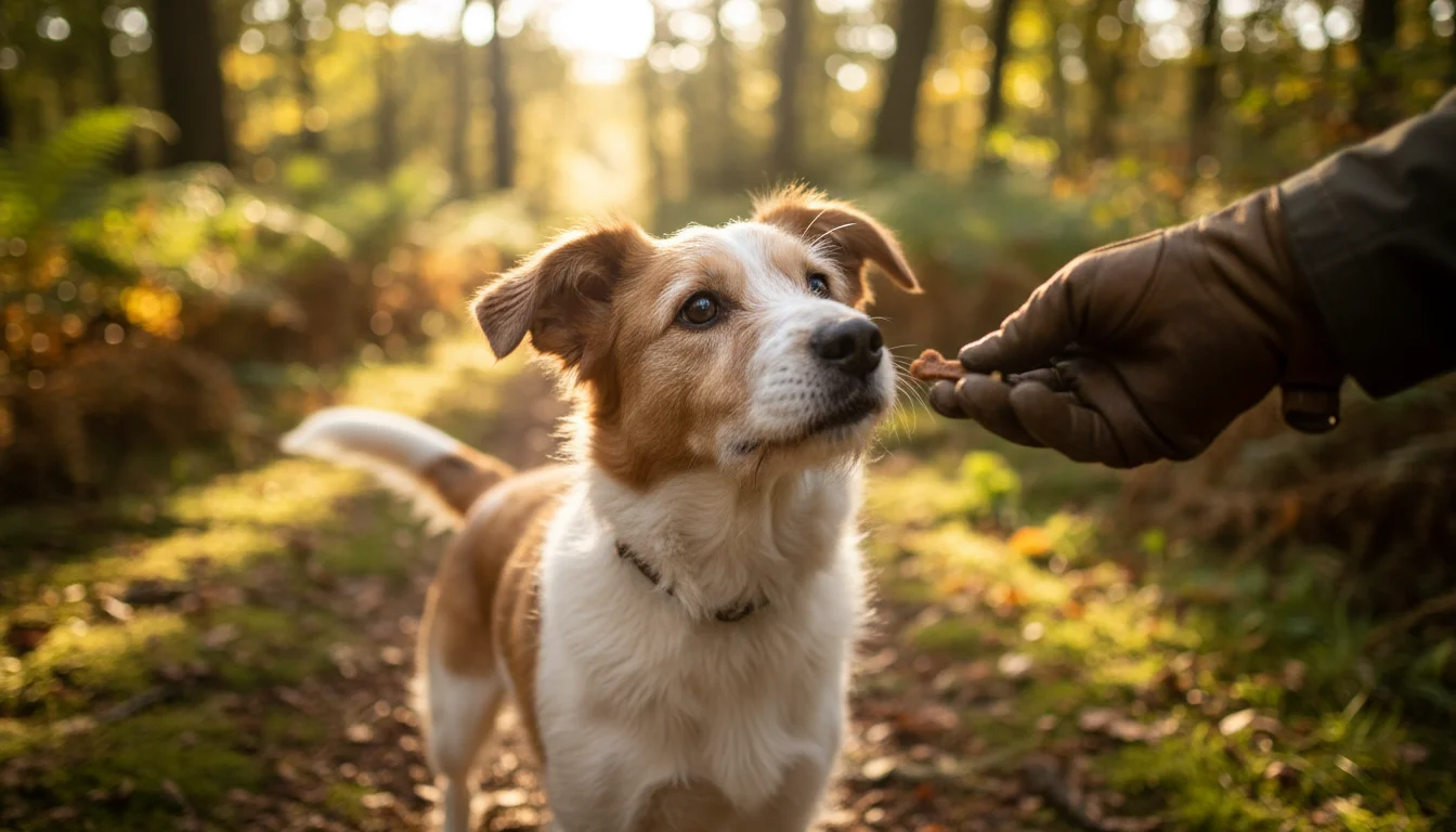 A contented mixed-breed dog with perked ears looks happily at a human's hand offering a treat during positive reinforcement training outdoors.