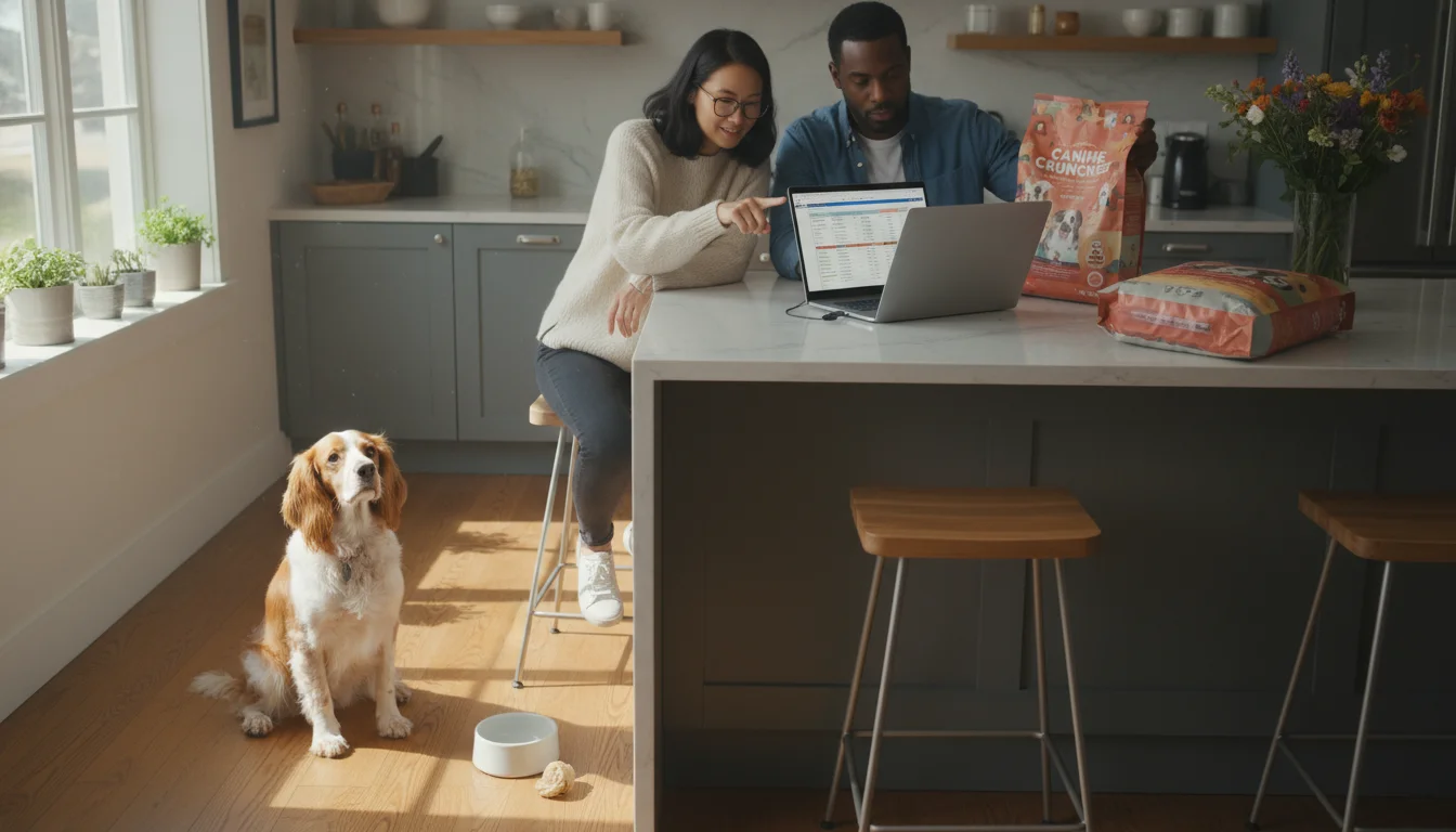 A couple at a kitchen island comparing dog food brands, with an open laptop showing a chart and several food bags. Their spaniel mix sits nearby.