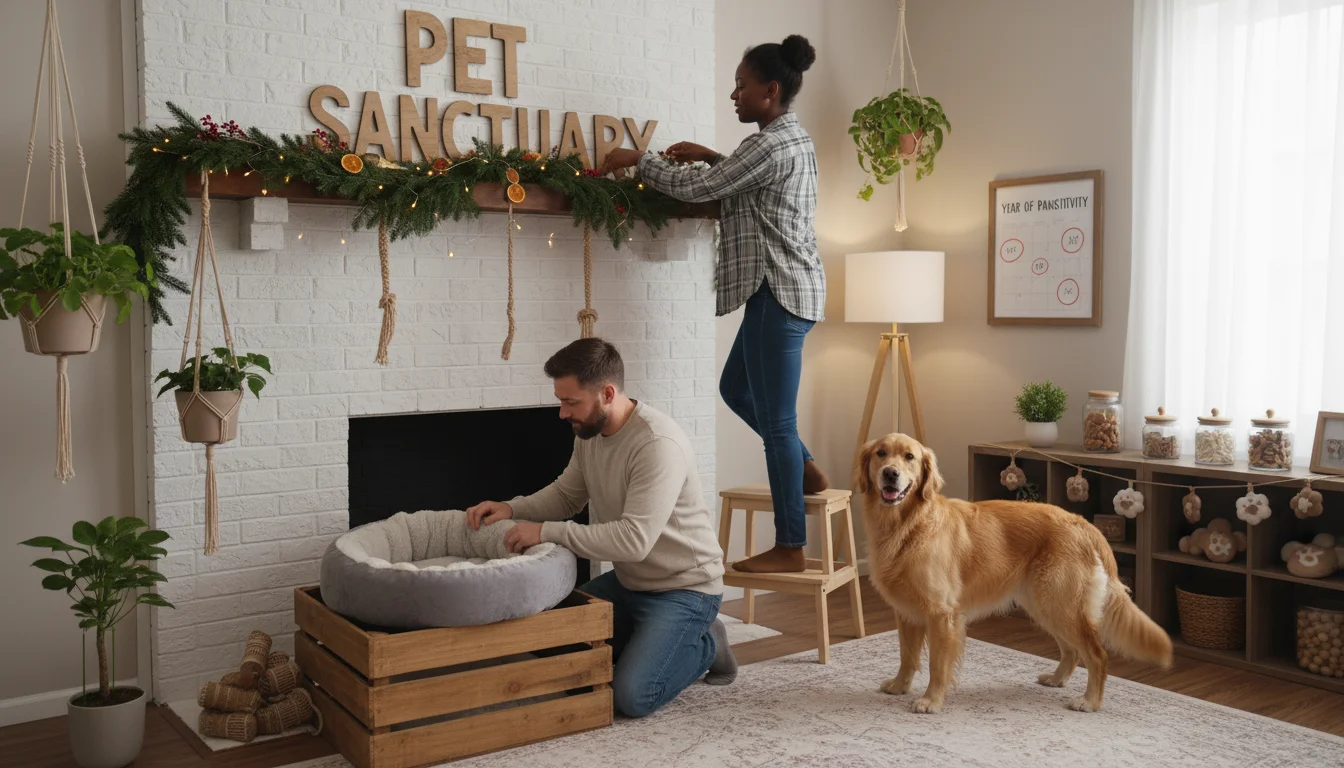A couple prepares a home for a pet-friendly celebration, securing decorations high and arranging a dog's quiet space.