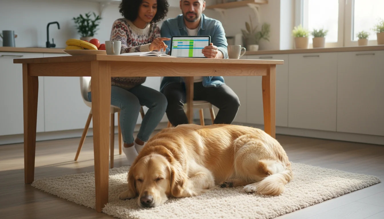 A couple sits at a kitchen table, reviewing a tablet with financial data. A golden retriever rests calmly on the floor nearby.