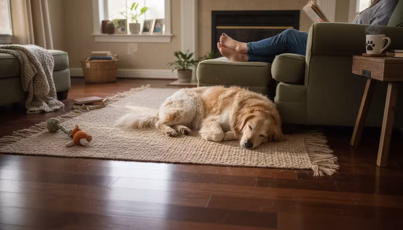 Elevated view of a cozy living room with a fluffy Golden Retriever mix dog sleeping on beige carpet that transitions to hardwood floor. A bare human f