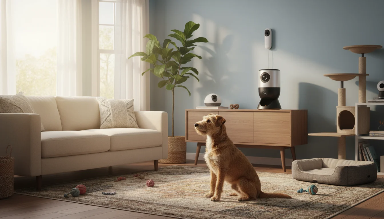 A cozy living room featuring a terrier mix dog looking at a treat-dispensing pet camera. A sleeping cat, wall-mounted camera, and small discreet camer