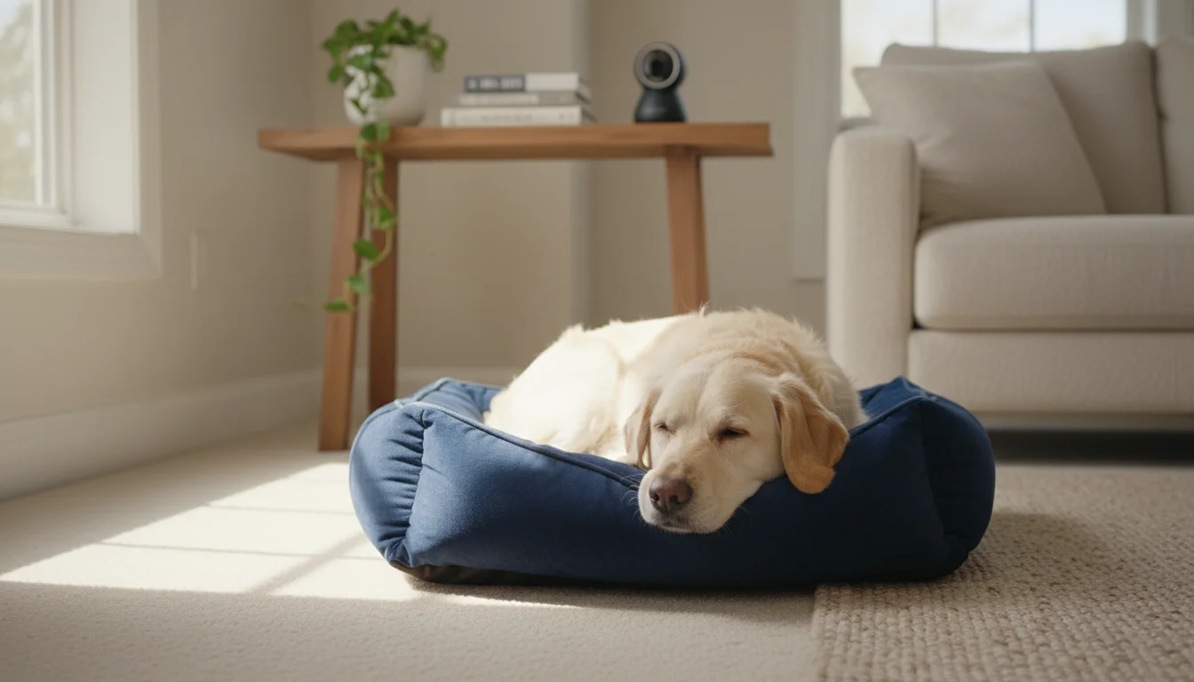 A cream Labrador mix dog relaxes on a blue dog bed in a sunny living room. A small pet camera sits discreetly on a table behind it.