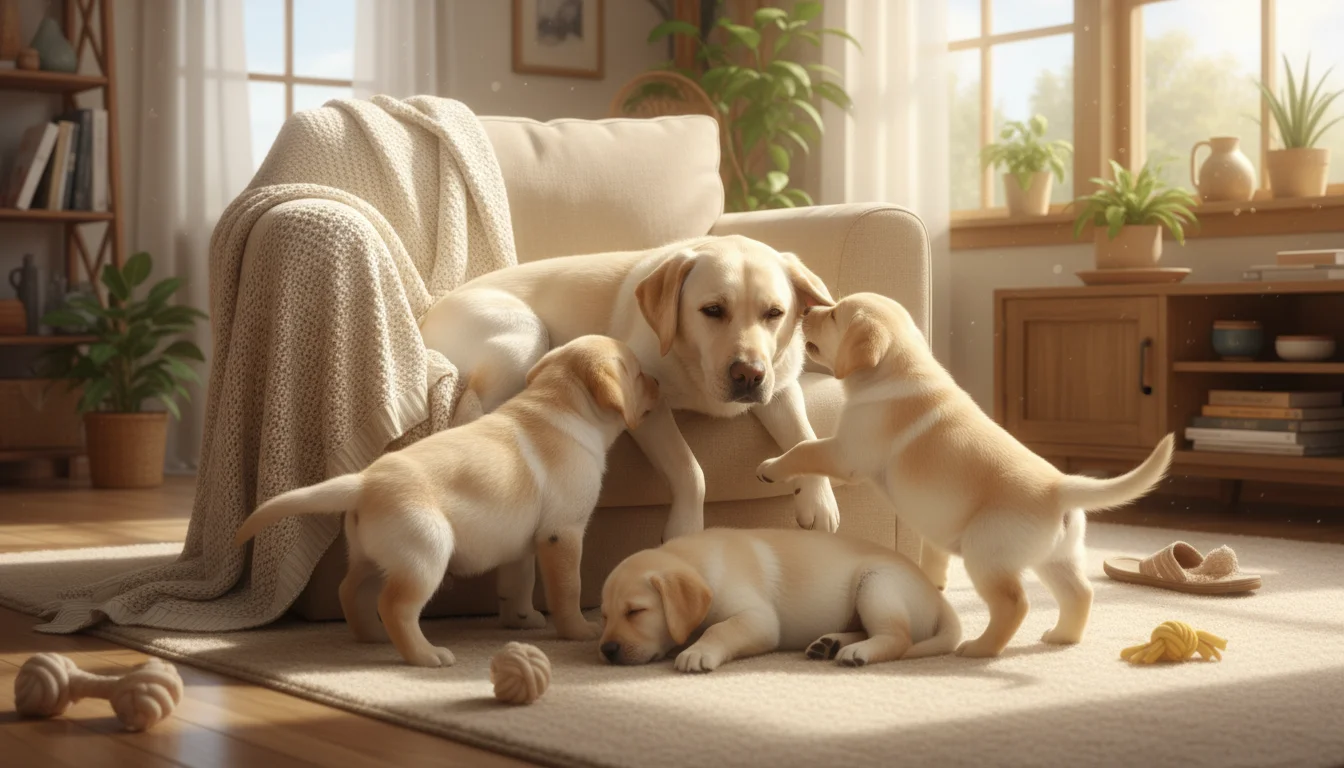 A cream Labrador mother dog rests with three young, light-gold Labrador puppies on a soft blanket in a sunlit room, one puppy playfully nuzzling her e