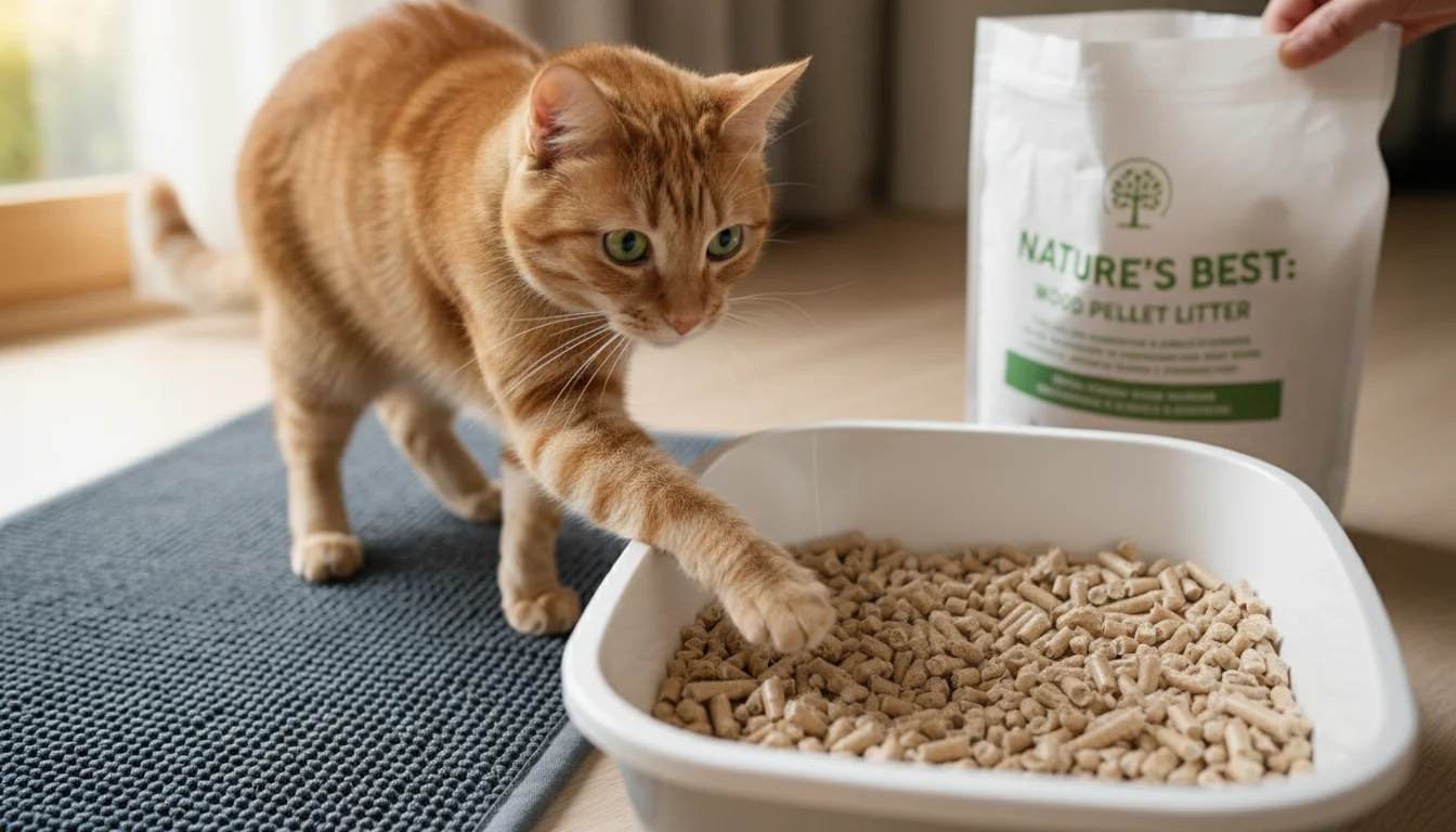 A curious domestic cat tentatively steps a paw into a litter box with natural litter, while a human hand holds a litter bag in the background.