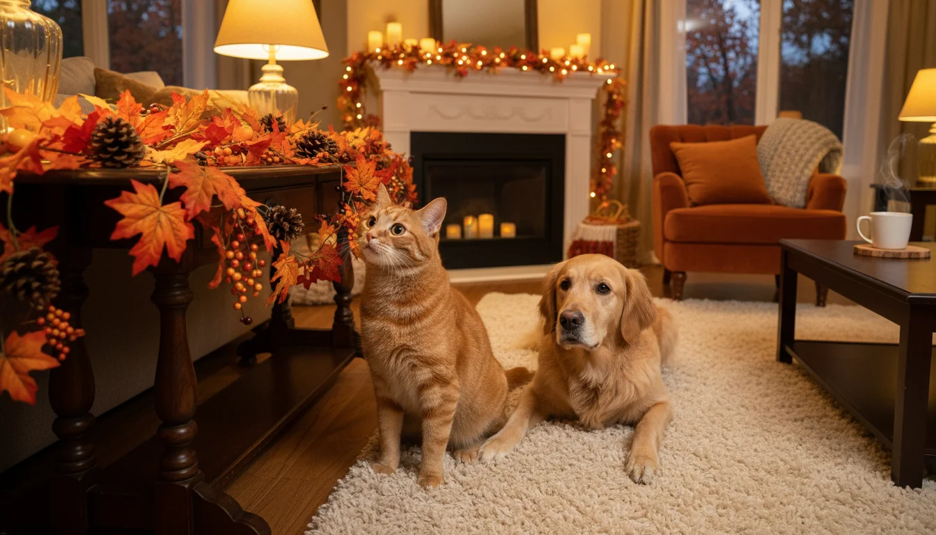 A curious tabby cat sniffing a fall garland, a calm golden retriever watching, and a human hand placing a pet-safe toy in a cozy autumn living room.