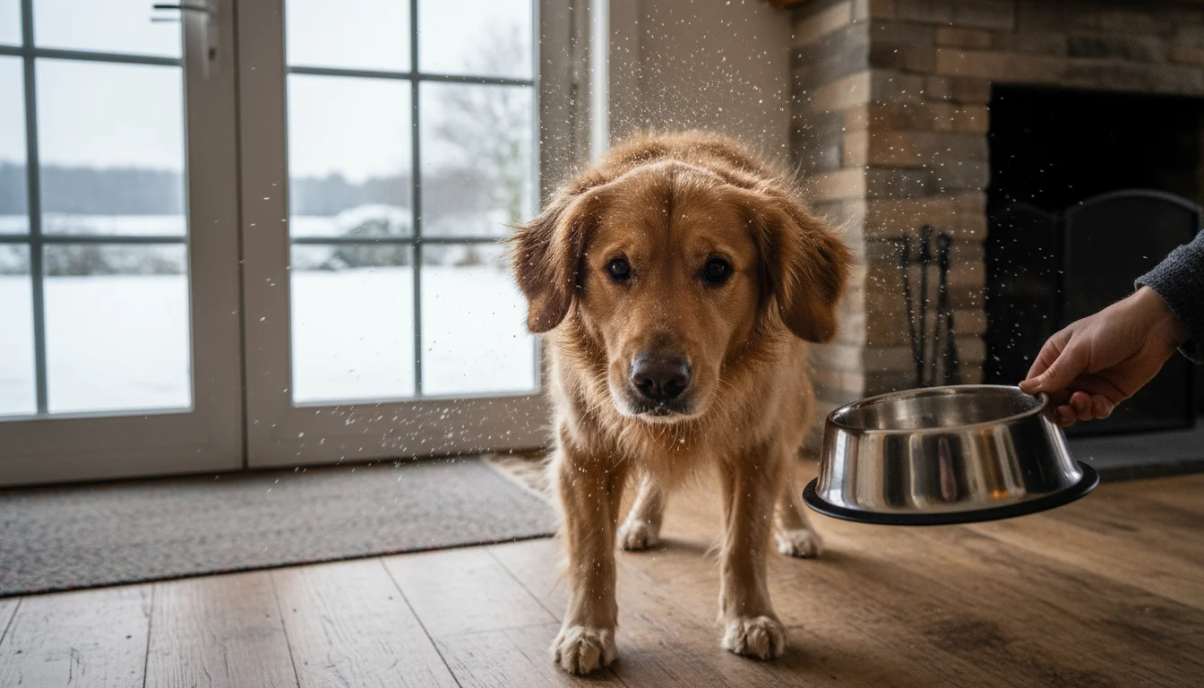 A damp golden retriever shakes off near a door, eagerly watching an owner place a full food bowl on the kitchen floor.