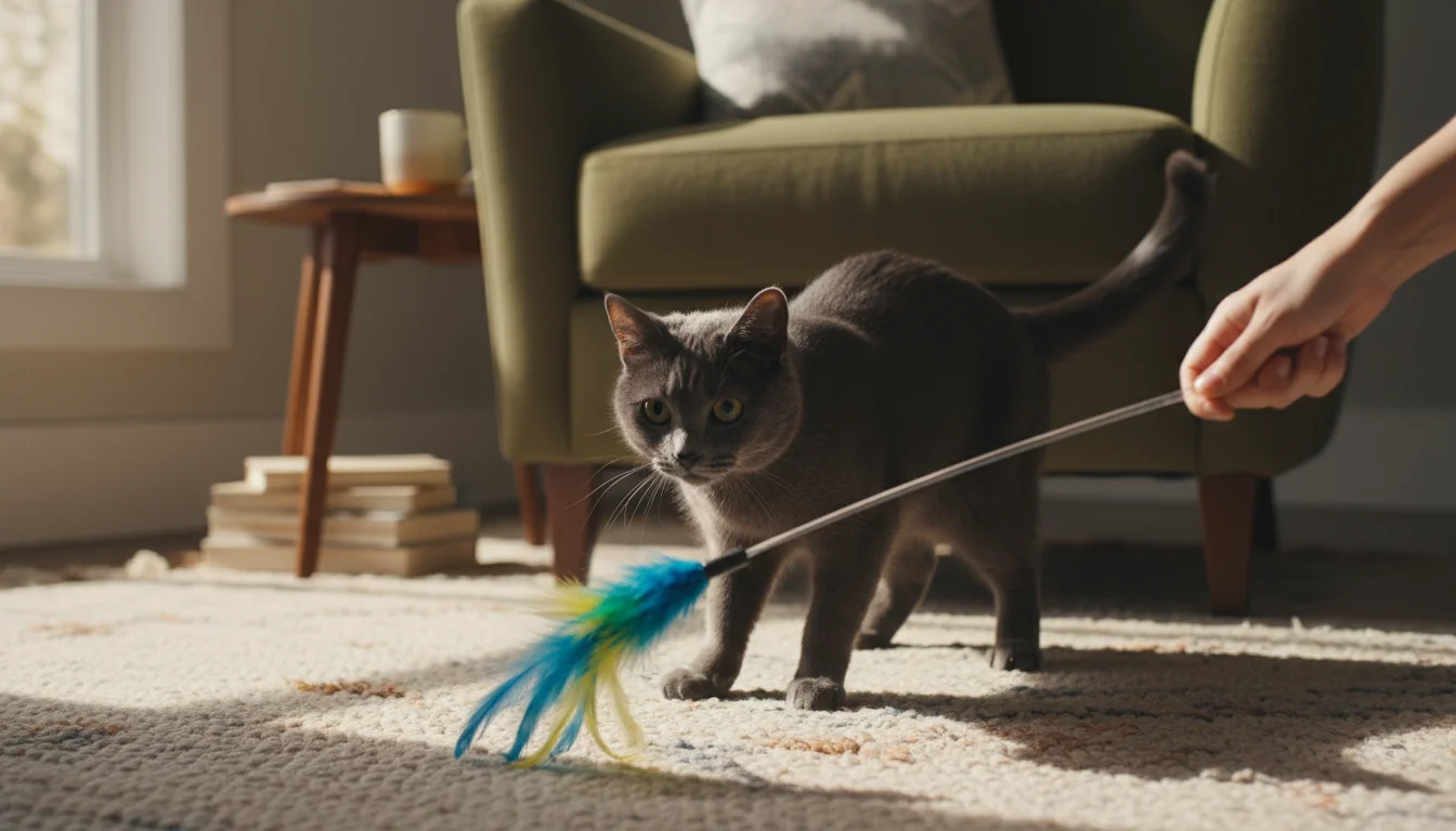 A dark gray cat crouches intently, eyes wide, focused on a feather wand toy being dangled by a human hand behind an armchair.