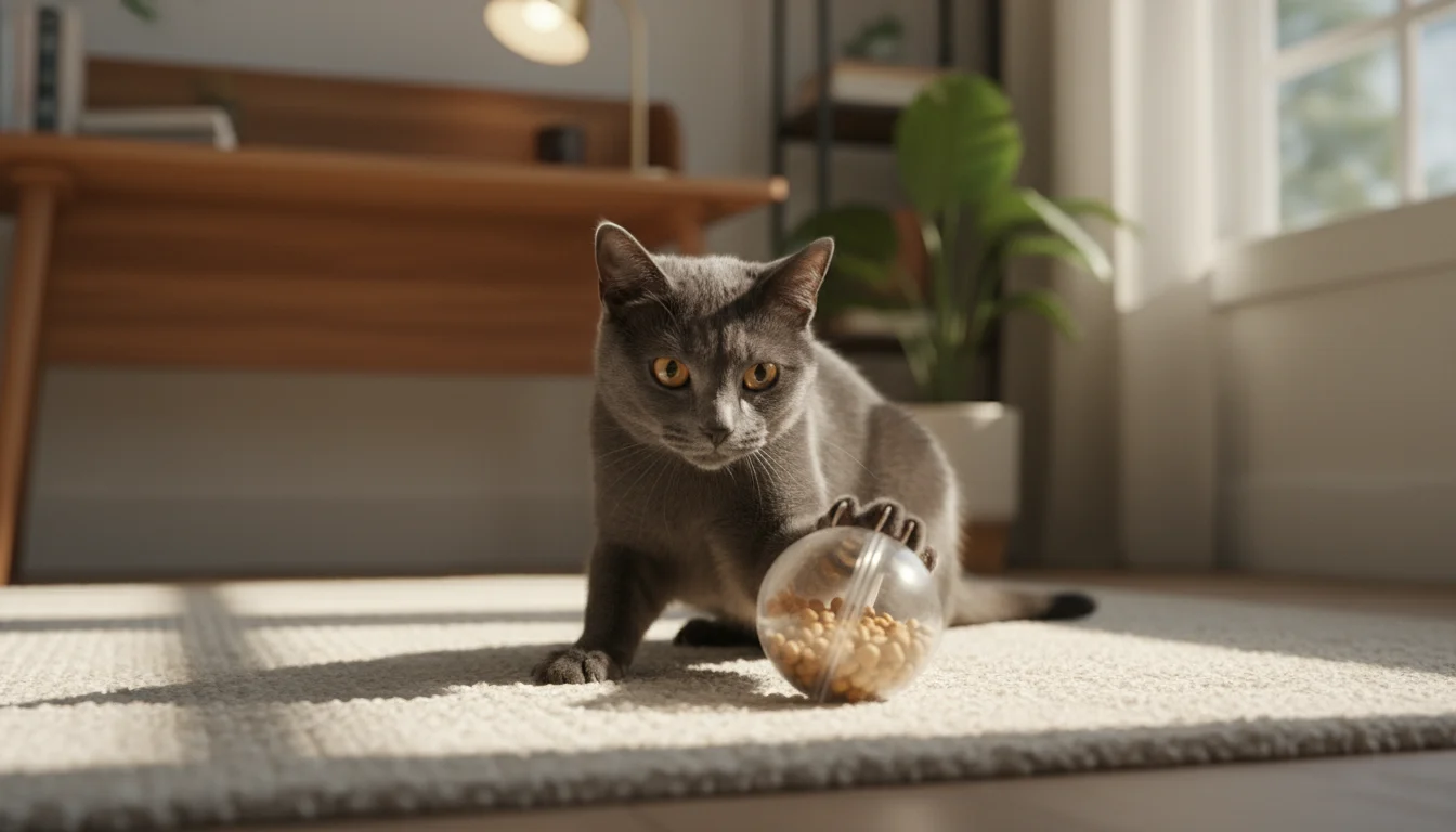A dark grey cat bats at a clear treat-dispensing ball on a rug. A blurred office desk with a laptop is in the background.