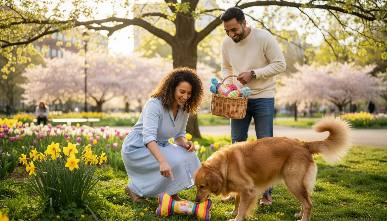 A diverse couple enjoys a pet-friendly Easter egg hunt with their golden retriever mix in a sunny spring park.