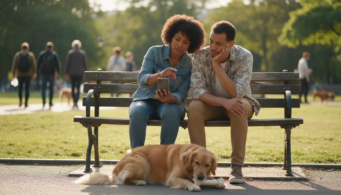 A diverse couple sits on a park bench, one showing a smartphone to the other who looks thoughtful. Their golden retriever mix lies at their feet.