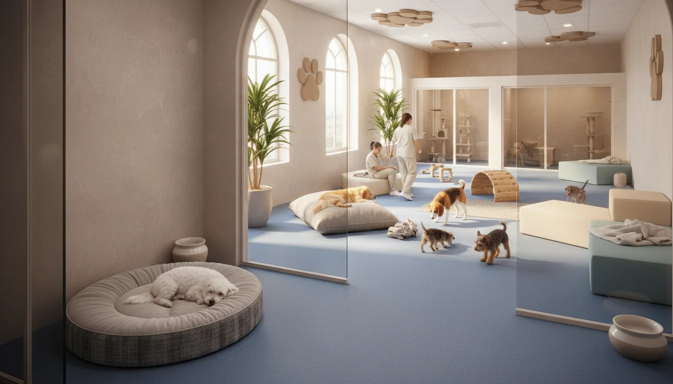 Diverse dogs relaxing and interacting in a sunlit, comfortable pet boarding facility, with individual suites visible.