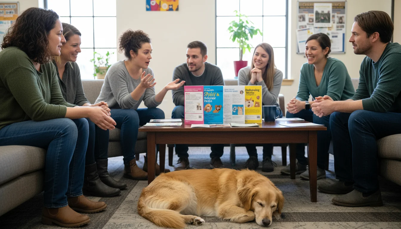 Diverse pet owners discussing spaying/neutering myths around a table with brochures. A calm golden retriever mix rests nearby.