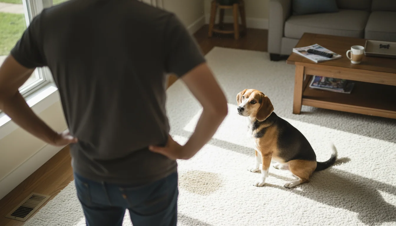 A dog owner looks down at a small wet spot on a rug, while their Beagle mix dog sits nearby with a slightly hesitant expression.