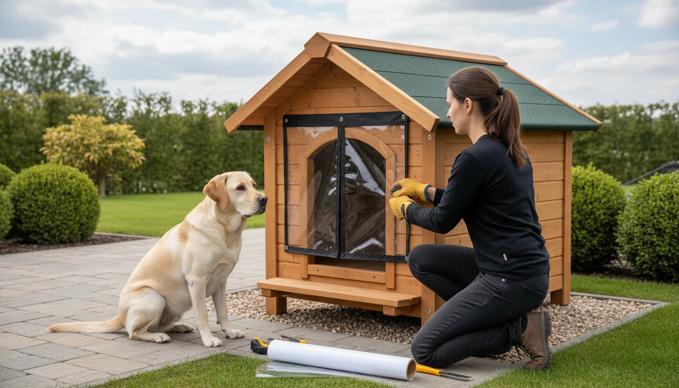 Dog owner securing a clear weather flap to an insulated outdoor dog house with a Labrador mix observing nearby.